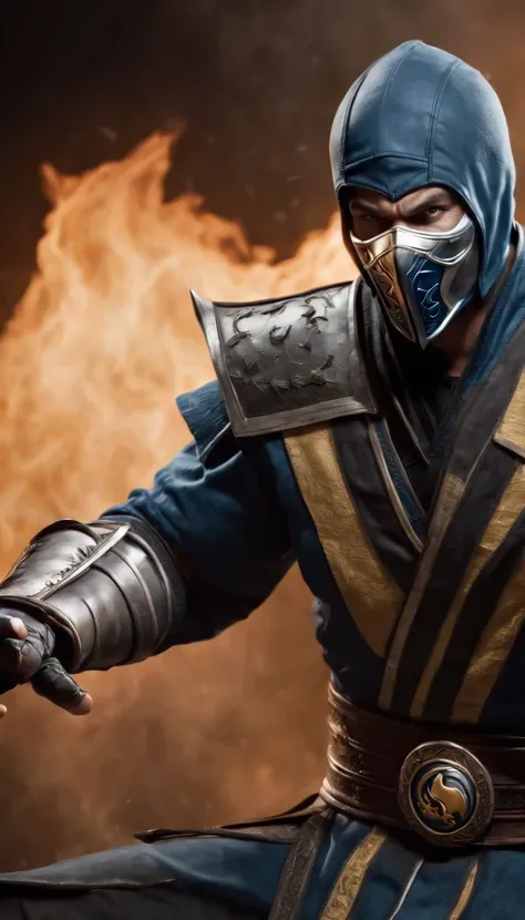 ((Subzero do Mortal Kombat, ultra realistic)), (((corpo inteiro))), ((perfect hands)), atordoante, hyper realistic, octan render, surrounded by the effect of smoke and lightning, Estilo Mortal Kombat, Fundo antigo, elegante, atordoante, (papel de parede), ...