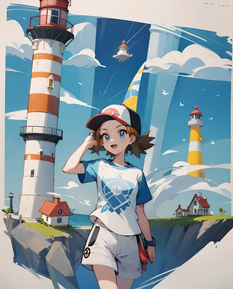 Pokemon trainer wears a T-shirt with a lighthouse print