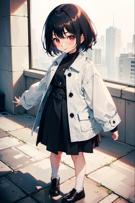 1 girl, child, (3 years old), short hair, black hair, red eyes, wide smile, immense blushing, arms wide, standing, coat, skirt, white socks