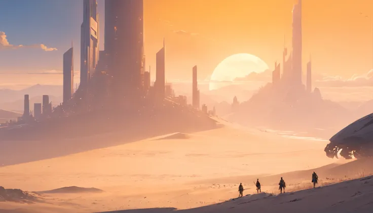 Dune concept art，Clean and neat tones，Sci-fi base scene，Huge scene，Square-shaped complex，Soviet aesthetic architecture，huge buildings，There are many spaceships in the air，Size contrast，crowd of， Soldiers versus soldiers， Big scenes of war，smog，epic concept...