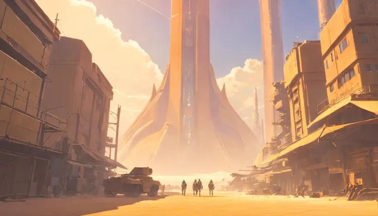 Dune concept art，Clean and neat tones，Sci-fi base scene，Huge scene，Square-shaped complex，Soviet aesthetic architecture，huge buildings，There are many spaceships in the air，Size contrast，crowd of， Soldiers versus soldiers， Big scenes of war，smog，epic concept...