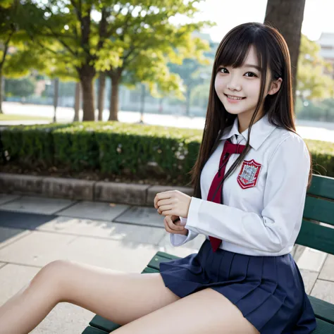 Skinny Legs、Extraordinary beauty、Cute face、The best smile、Cute smile、frontage、slender、straight haired、a miniskirt、Schools、ulzzang -6500-v1.1, (Raw foto:1.2), (Photorealsitic:1.4),　a beautiful detailed girl, extremely detailed eye and face, beatiful detaile...