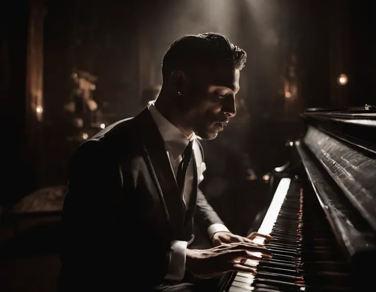 Photography capturing the enchantment of a live musical performance. The image showcases a talented musician, their hands gracefully gliding across the piano keyboard, producing harmonious melodies. The stage is bathed in warm stage lighting, casting drama...