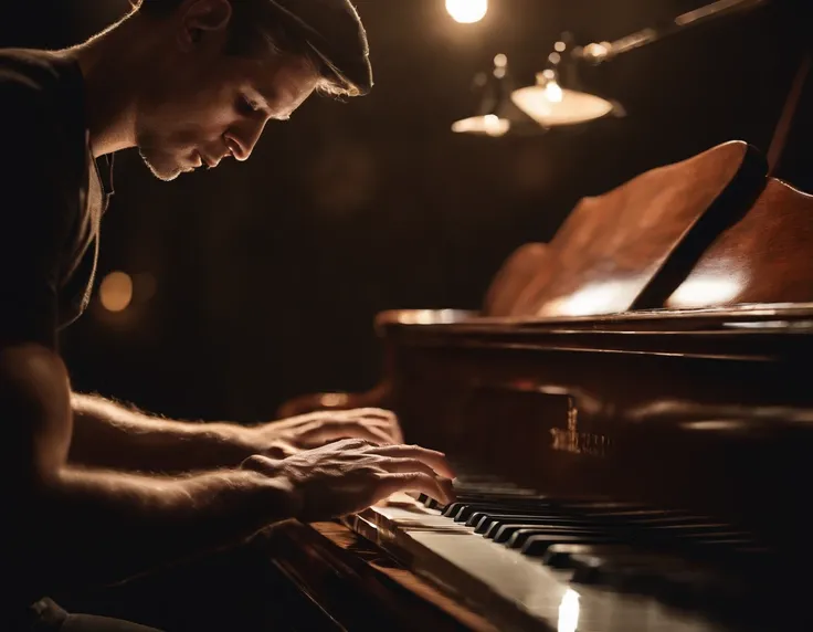 Photography capturing the enchantment of a live musical performance. The image showcases a talented musician, their hands gracefully gliding across the piano keyboard, producing harmonious melodies. The stage is bathed in warm stage lighting, casting drama...