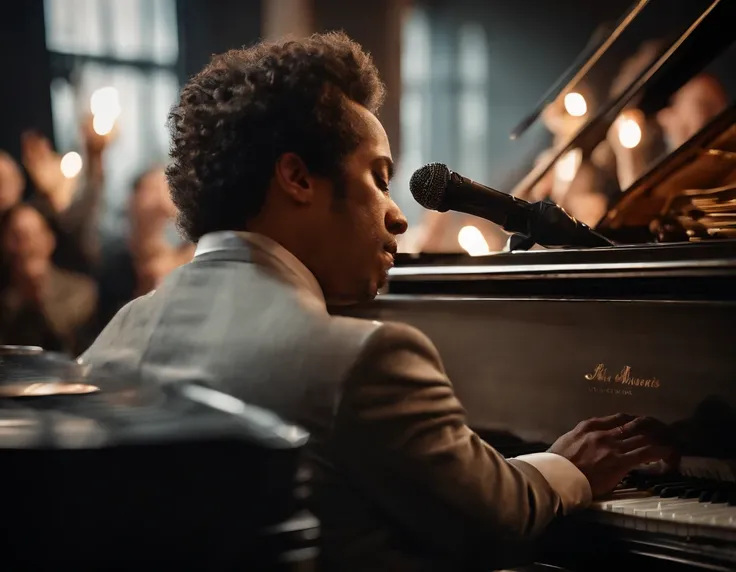 Photography capturing the enchantment of a live musical performance. The image showcases a talented musician, their hands gracefully gliding across the piano keyboard, producing harmonious melodies. The stage is bathed in warm stage lighting, casting drama...