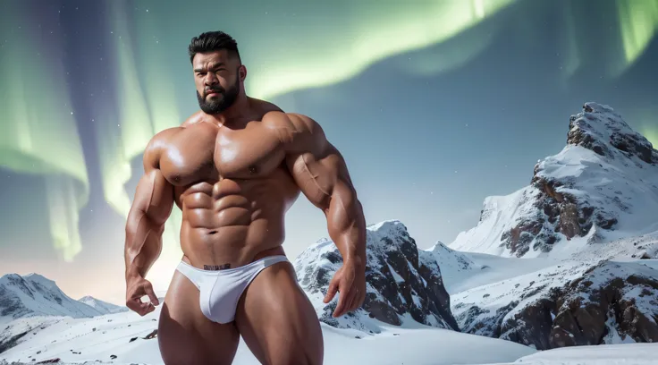 (Extremely detailed 8k wallpaper), A strong Chinese man in a white thong stands alone on a snowy mountain，There are beautiful auroras，High detail, short detailed hair，Short beard perfect figure with tattoos, Very huge and strong body, Bulging muscles, musc...