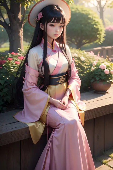 1girl, 16 year old, young, dark brown eyes, straight, black hair, long, waist-length, beautiful pink ((Hanfu)), (Chinese dress), sexy Hanfu, ((pink long sleeve)), with gold brims, ((red full length skirt)), yellow top with a low cut neckline, ((blue wrap))...