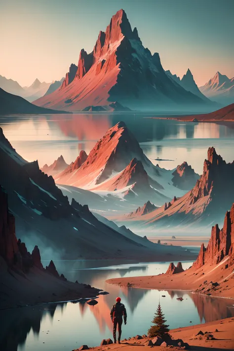 A punk and gritty red alien landscape, with towering mountains and mysterious lakes. Show the untamed beauty and harshness of this extraterrestrial world.