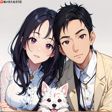 Girl in red，Chinese image，Anime couple posing for a photo with white dog, In anime style, Fanart, slice of life anime, Line drawing，illustrated anime, Anime visuals of cute dogs, Cute anime, official anime still, anime big breast! 4K，Warm family environmen...