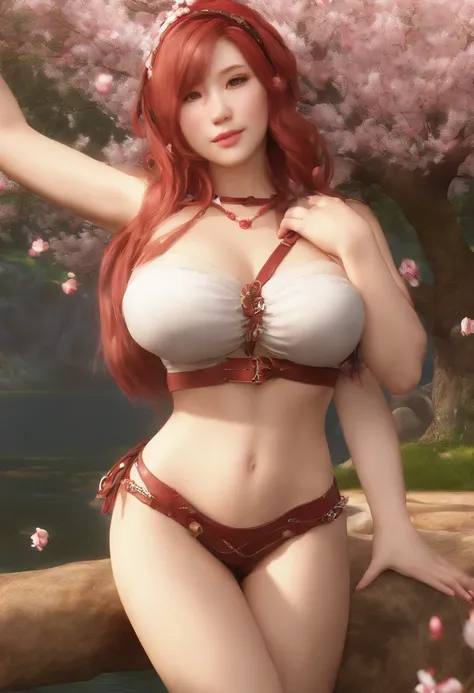 Realistic, Photorealistic,cowboy shot,masterpiece, absurdres ,1girl, haruno sakura, forehead mark, NAKED,red hairband, looking at viewer, smile, cherry blossoms, private garden, wind, floating hair, large breast ,(((wide hips))), toned body, detailed eyes,