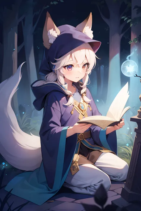 "1boy, solo, super fine illustration, an extremely delicate and beautiful, best quality, kemonomimi (Animal ears), fox ears and tail, enchanting blue robe, wizard hat, magical staff, forest background, ancient ruins, casting a spell, mysterious atmosphere,...