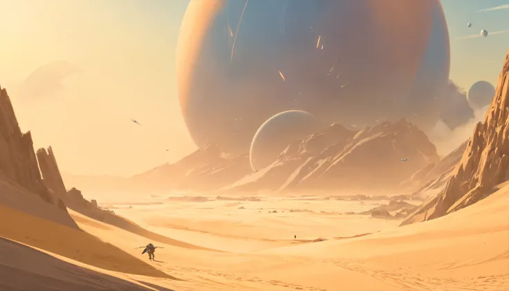 Dune concept art，Clean and neat tones，Sci-fi base scene，Huge scene，Square-shaped complex，Soviet aesthetic architecture，huge buildings，There are many spaceships in the air，Size contrast，crowd of， Soldiers versus soldiers， Big scenes of war，smog，epic concept...