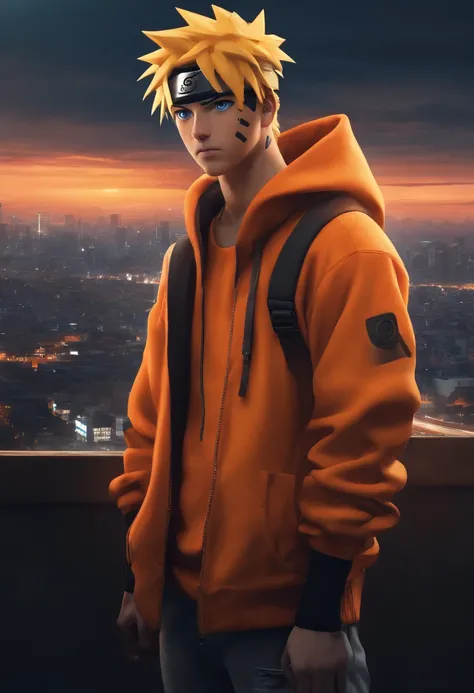 Detailed portrait view of a one Japanese teenage boy (Naruto) with pointy and spiky yellow hair and blue eyes wearing a orange Nike hoodie and black baggy jeans and white nike jordans looking at the camera with serious expression and holding a Kunai knife ...