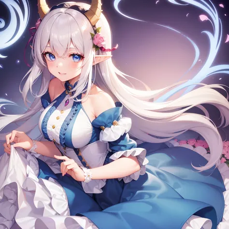 1Girl, solo, looking at viewer, white hair, longe hair, straight bangs, light blue eyes, smiling, upper body, flowers, frilly dress, dragon horns, elf ears, big bust, pink theme, blue dress, masterpiece