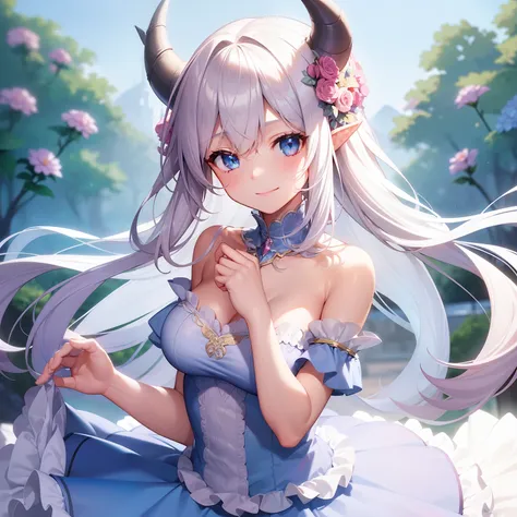 1Girl, solo, looking at viewer, white hair, longe hair, straight bangs, light blue eyes, smiling, upper body, flowers, frilly dress, dragon horns, elf ears, big bust, pink theme, blue dress, masterpiece