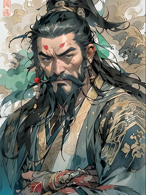 (((China-style，Ink painting method，Half-length portrait，Intense color，Han dynasty, China，Hanfu，Armor，Guan yu，Guan Yunchang，of a guy，Ruddy killing square face，Hold the Blue Dragon Moon Knife in his right hand，Stroke your beard with your left hand，Long hair，...