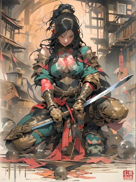 (((woman))), (((best qualityer))), (((tmasterpiece))), (((AS-Adult))), ((( Japanese ))), Look up from your knees, A beautiful asian samurai woman with perfect body, Modern samurai, ((( Asian))), Wear gloves on your hands，The left arm is made of steel and m...