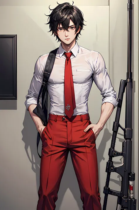 best quality,masterpiece,original,extremely detailed wallpaper,looking at viewer,1boy,solo,male,male focus,black hair,messy hair,hair between eyes,white shirt,red necktie,red pants,,standing,holding sniper,headware,circlet