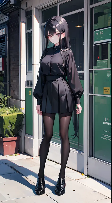 Standing full body portrait，17-year-old girl，E cup，Long straight black hair，Black colored eyes，Green Chinese school uniform，Black silk gloves，Black silk pantyhose，Black silk tights，Black sneakers，Streets at night