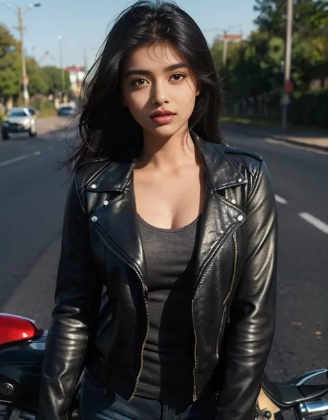 (((desi Indian girl))), chubby face, natural skin, (((highly detailed face and skin texture, 8k, ultrarealistic))), ((Masterpiece: 1.3, best quality, crisp focus)), girl on a motorbike, motorbike rider girl, black leather rider jacket, standing next to mot...