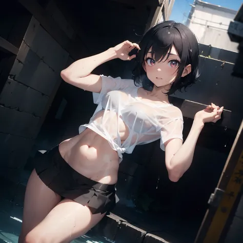 ((Hair: black Pixie cut)), ((wet white t-shirt)), ((Black mini skirt)), ((super skinny girl)) , very cute face, 18 years old, (saggy belly), (ahegao face), (japanese), ((wet)), ((super slender)), long legs, very thin legs, walking, ((super small breasts)),...