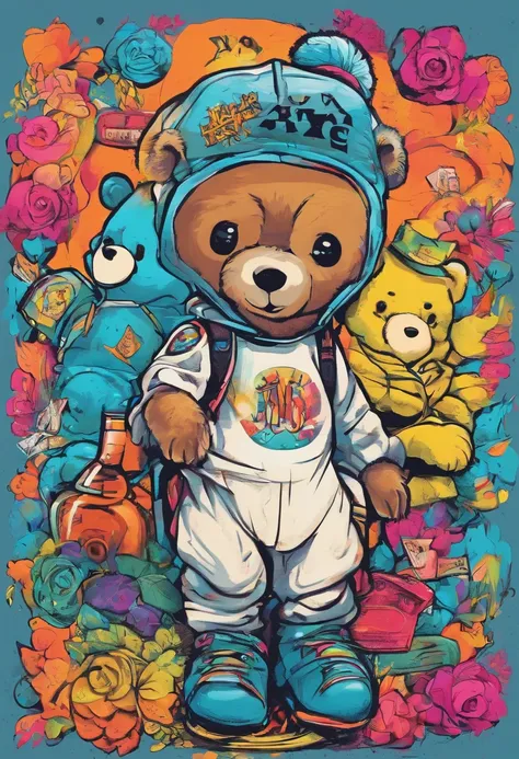 Full body depiction，Painting of cute bear in hat，Popular at the art station，Wear sportswear，Detailed, Ultra-realistic rendering，British gang members，Street style，Cute pose，planet of cats，Stylish clothes，urbansamurai，Mewtwo，West Slavic features，8 1 5，Animat...