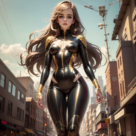 Teen Emma Watson as a sexy girl walking down the street. Skinny and intricately futuristic gold latex garment.  Slender body. long whitr hair. street. day. Background skyline. Legs open.