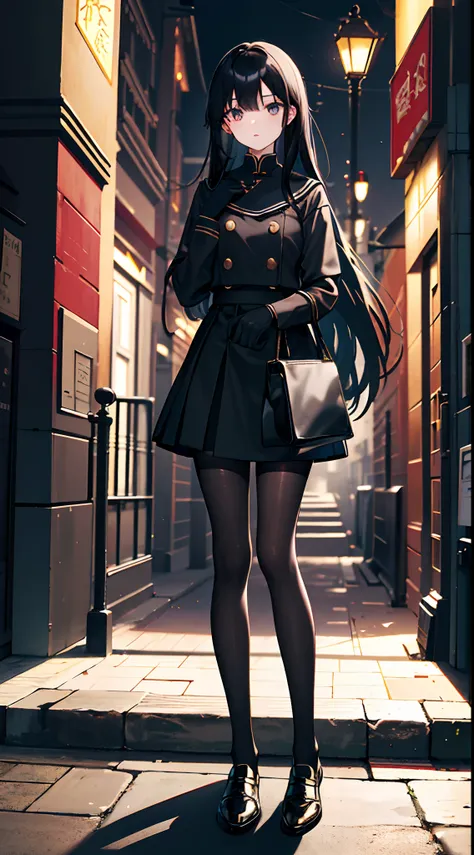 Standing full body portrait，17-year-old girl，E cup，Long straight black hair，Black colored eyes，Green Chinese school uniform，Black silk gloves，Black silk pantyhose，Black silk tights，Black sneakers，Streets at night