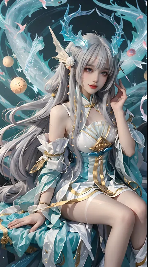 Beautiful celestial mage，Amazing young ethereal characters，shaxi，A flowing magic robe，White Hanfu，xianxia fantasy，Beauty Delfin，Ethereal fantasy，Elegant and charming cosplay，one-girl，((sitted))，Bend your legs，((Top-down view))，Feminine and colorful，Its tum...