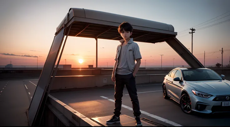 a boy stand on the roof of car sunset