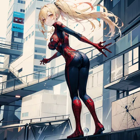 Master pieces,8k wallpaper,best quality,(1girl:1.3),solo,full body,Long flaxen yellow hair,with brown eye,youth,(SpidermanClasic female:1.3),(large breasts),Slim waist,Round and broad ass,catwalk,Stand on the roof of the building,NewYork,