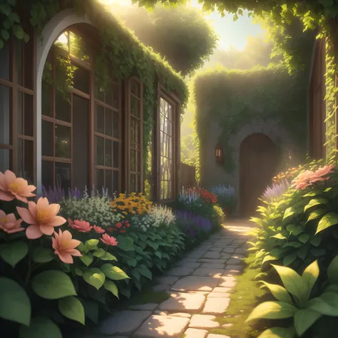 (extremely detailed CG unity 8k wallpaper, masterpiece, best quality, ultra-detailed), (best illumination, best shadow, an extremely delicate and beautiful), flower garden, lush greenery, sunlight streaming through, depth of field, warm and inviting ambian...