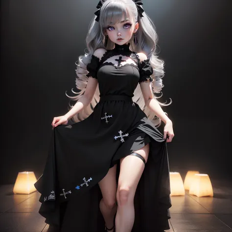 Cute Baby Chibi Anime,(((Chibi 3D))) (Best Quality) (Master Price)、BREAK gothic lolita dress, ((wearing (black:1.4) and (dark blue:0.8) very long dress:1.4) with cross motif and lace edges:1.4)), (wearing short sleeves and square neckline:1.4), ((wearing v...