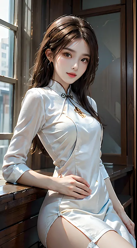 ((Cowboy shot)), ((Shoot from a frontal perspective)), 1 Asian female model, A young girl, (Close up), (Indoors, Standing posture, leaning on a table), pretty pose, striking pose, Detailed scenes, Coiled hair, Hairpins, Beautiful hair accessories, Brownish...