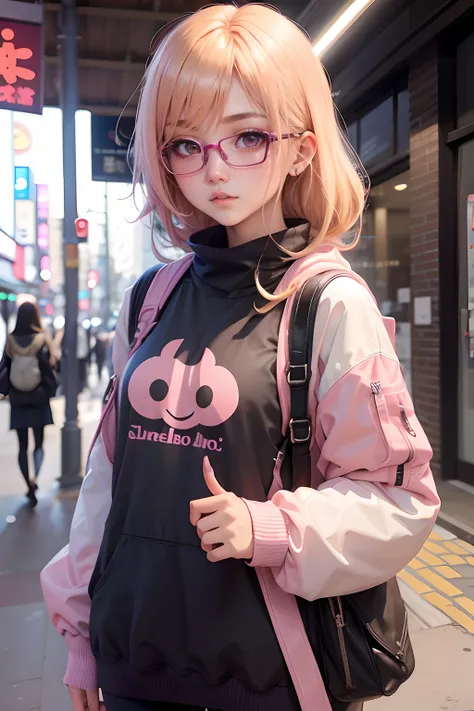 girl with、２０Mid-generation、jpn、Anime style、a blond、Pink mesh、eye glasses