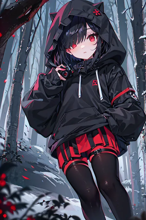 red color eyes, Black color hair, Black platform boots, short detailed hair, black thigh socks, Hair covers one eye, black   hoodie, Black thigh strap, black sash,nigth，black short skirt，ln the forest，at winter season，bit girl，waiting to start，looking down...