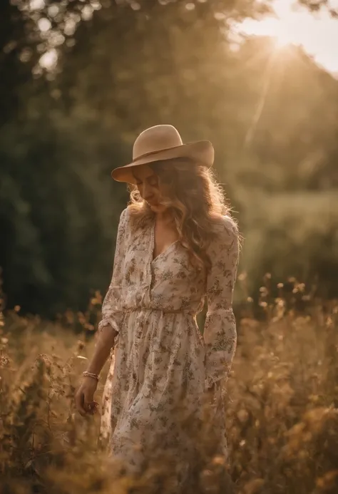 Ein Nahaufnahmefoto einer schwangeren Frau, dressed in bohemian-inspired fashion, Wear a flowy maxi dress with floral prints, Kombiniert mit einer Jeansjacke und einem Schlapphut und Vintage-Accessoires. Your hair is styled in loose waves or natural curls....