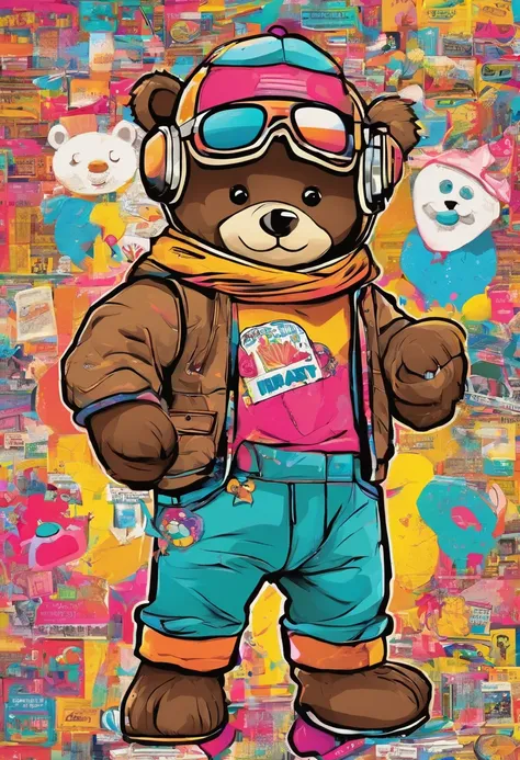 Full body depiction，A cute bear，largeeyes，Cute pose，Painting of cute bear in hat，Wear sportswear，Detailed, Ultra-realistic rendering，Street style，Cute pose，Stylish clothes，urbansamurai，Animate