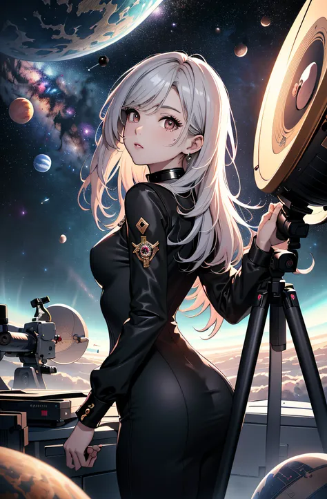 best quality, (masterpiece), Ultra-detailed, (novel illustration:1.2), (korean webtoon style:1.2), (bold line), (highres:1.2), dramatic light, 1girl, observatory, looking at space through long Telescope, space, planets, falling stars, light lines among pla...