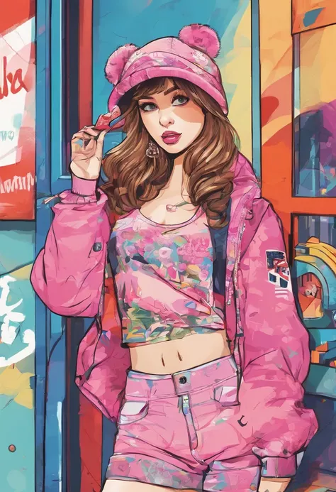 Full body depiction，A cute bear，largeeyes，Cute pose，Painting of cute bear in hat，Wear sportswear，Detailed, Ultra-realistic rendering，Street style，Cute pose，Stylish clothes，Animate