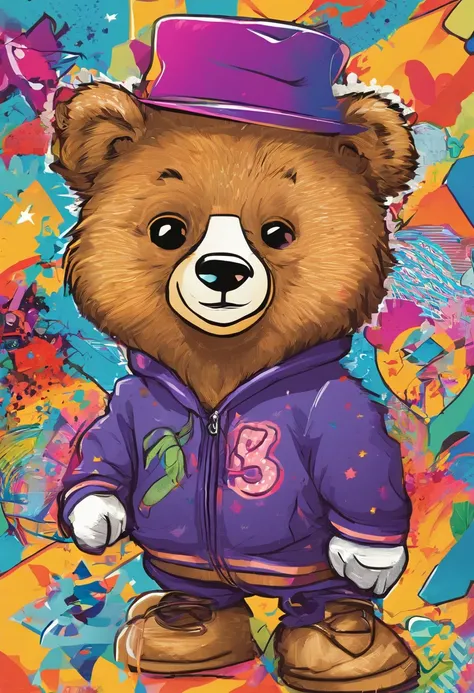 Full body depiction，A cute bear，largeeyes，Cute pose，Painting of cute bear in hat，Wear sportswear，Detailed, Ultra-realistic rendering，Street style，Cute pose，Stylish clothes，Animate