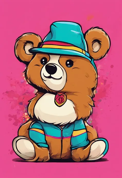 Full body depiction，A cute bear，largeeyes，Cute pose，Painting of cute bear in hat，Wear sportswear，Detailed, Ultra-realistic rendering，Street style，Cute pose，Stylish clothes，Animate