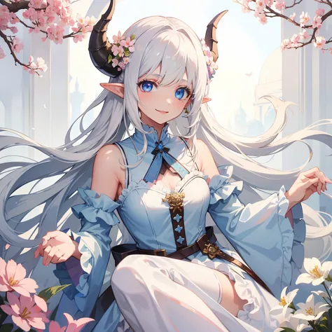 1Girl, solo, looking at viewer, white hair, long hair, straight bangs, light blue eyes, smiling, upper body, flowers, frilly dress, dragon horns, elf ears, big bust, pink theme, blue dress, masterpiece, mole under eye,