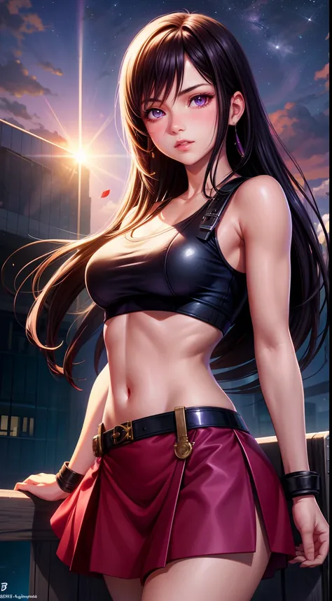 Tifa, realistic, girl alone, purple eyes, shining eyes, crop top, skirt, parted lips, blush, night, flower, sun, sunlight, best quality, 8k,