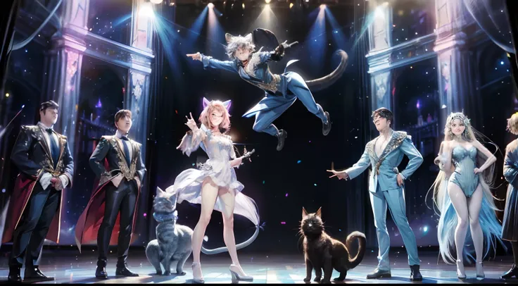 photo photorealistic photorealism photo quality, scene of musical "Cats". Actors wearing full body costumes of cats.