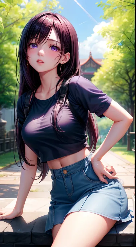 top-quality、Live Action、8K、tifa、realisticlying、女の子 1 人、Purple eyes、radiant eyes、croptop、skirt by the、Parted lips、red blush、natta、florals、suns、sunlights、Top image quality、8K、