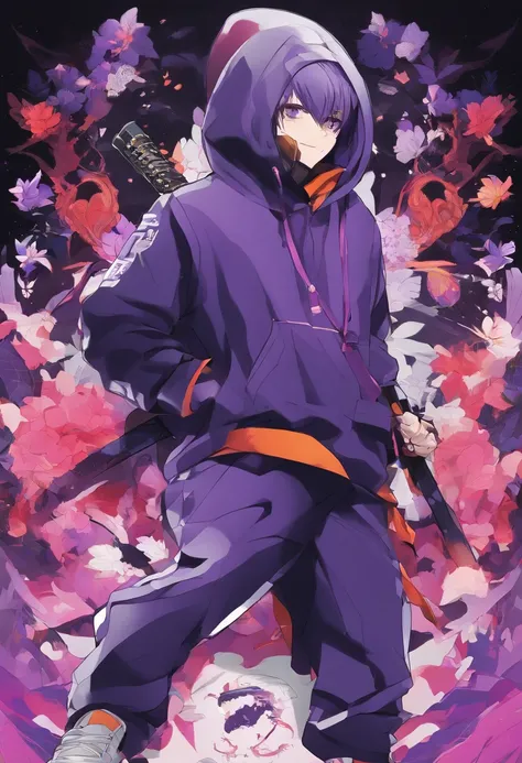 Youth Men，Wear a purple hooded shirt，An axe was strapped to his waist，Wear basketball shoes，With a smile mask on his face，With a Glock in his hand，Black shiny hair