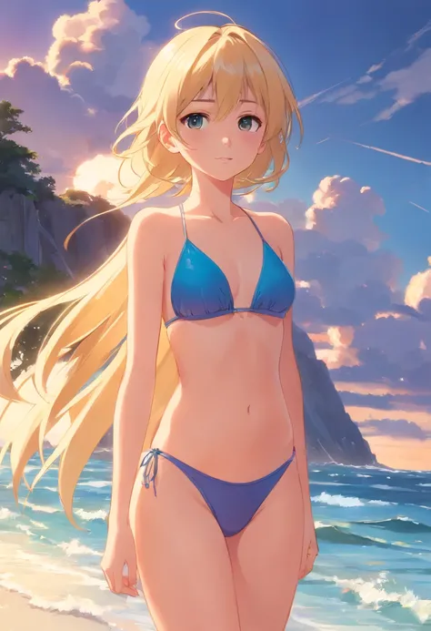 1 girl beautiful 13 years slim, long blonde hair small swimsuit, Meer wellen Strand  Sommer  Sonnen untergang, UHD, masterpiece, anatomically correct, high details, highres, best quality, super detail, 8k