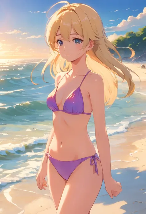 1 girl beautiful 13 years slim, long blonde hair small swimsuit, Meer wellen Strand  Sommer  Sonnen untergang, UHD, masterpiece, anatomically correct, high details, highres, best quality, super detail, 8k