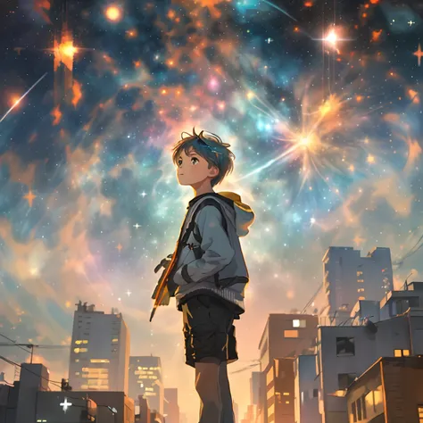 (starrysky:1.5)，younge boy，urban backdrop,Extremely colorful，Look up，Full of anticipation，